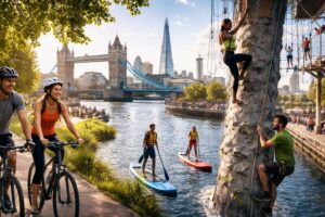 A traveler enjoying outdoor adventure activities in London while exploring the city’s scenic urban landscape.