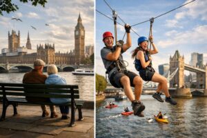 A traveler enjoying outdoor adventure activities in London while exploring the city’s scenic urban landscape.