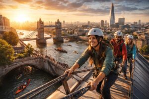 A traveler enjoying outdoor adventure activities in London while exploring the city’s scenic urban landscape.