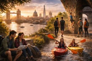 A traveler enjoying outdoor adventure activities in London while exploring the city’s scenic urban landscape.