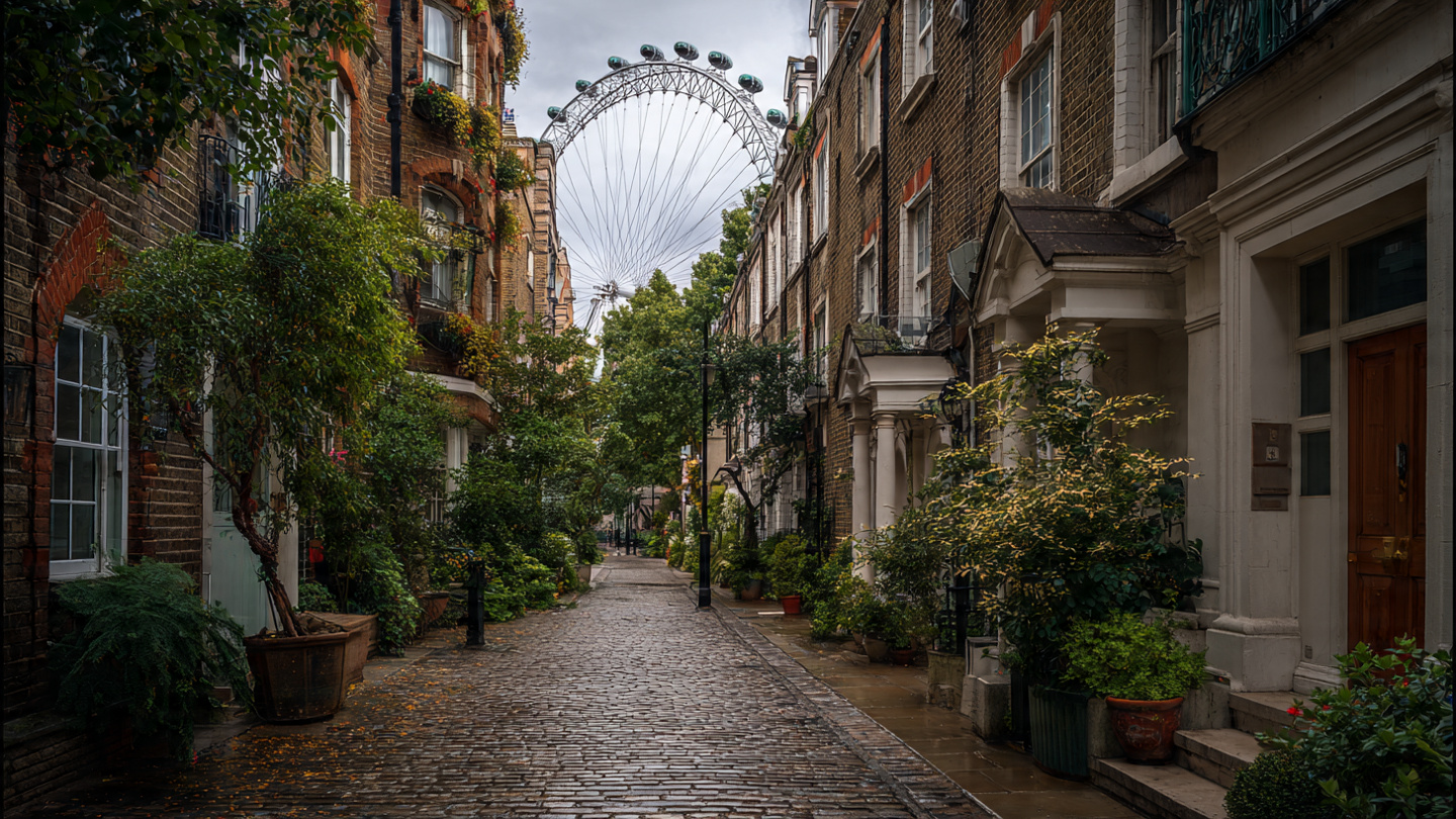 Quiet cobblestone street lined with historic London townhouses and greenery, with the London Eye visible in the background, highlighting hidden walking routes and peaceful things to do near London Eye, including charming side streets and lesser-known places to explore nearby.