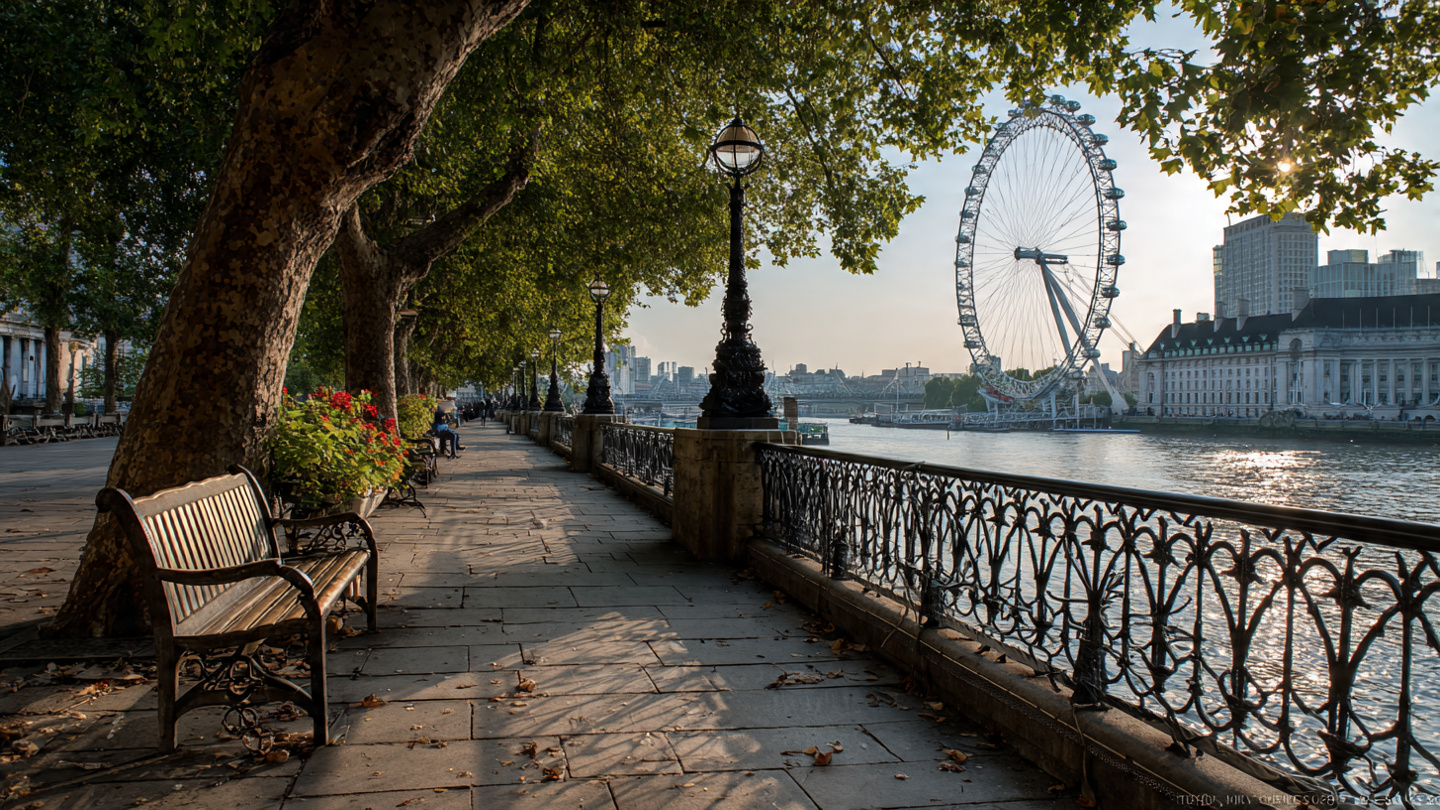 Peaceful riverside promenade with benches, trees, and views of the London Eye across the Thames at sunset, highlighting relaxing things to do near London Eye such as scenic walks, quiet seating areas, and tranquil attractions around the South Bank.