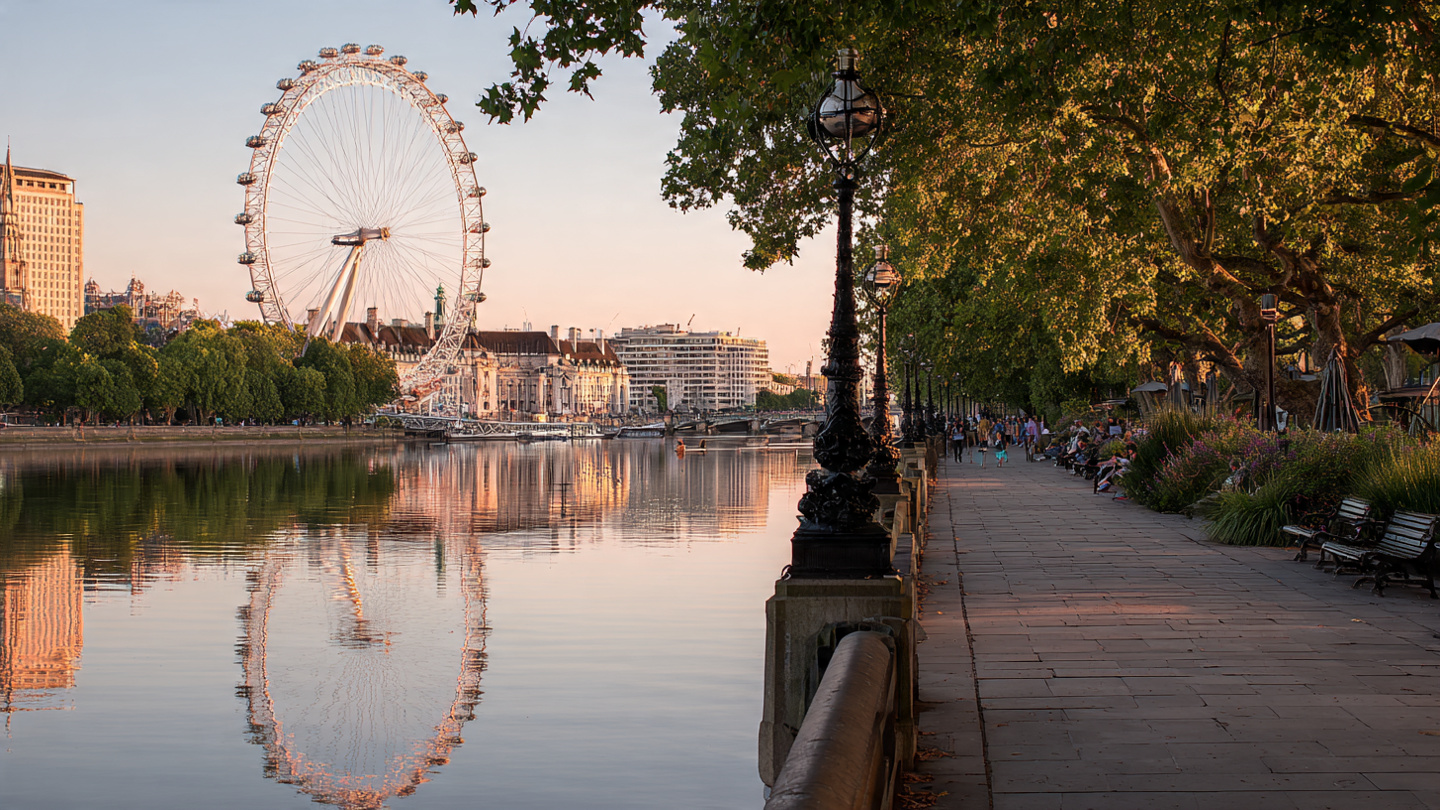 Peaceful sunset view of the Thames with the London Eye reflected in the water and people relaxing along the South Bank walkway, highlighting scenic things to do near London Eye, including riverside walks, quiet viewpoints, and relaxing outdoor places to visit nearby.