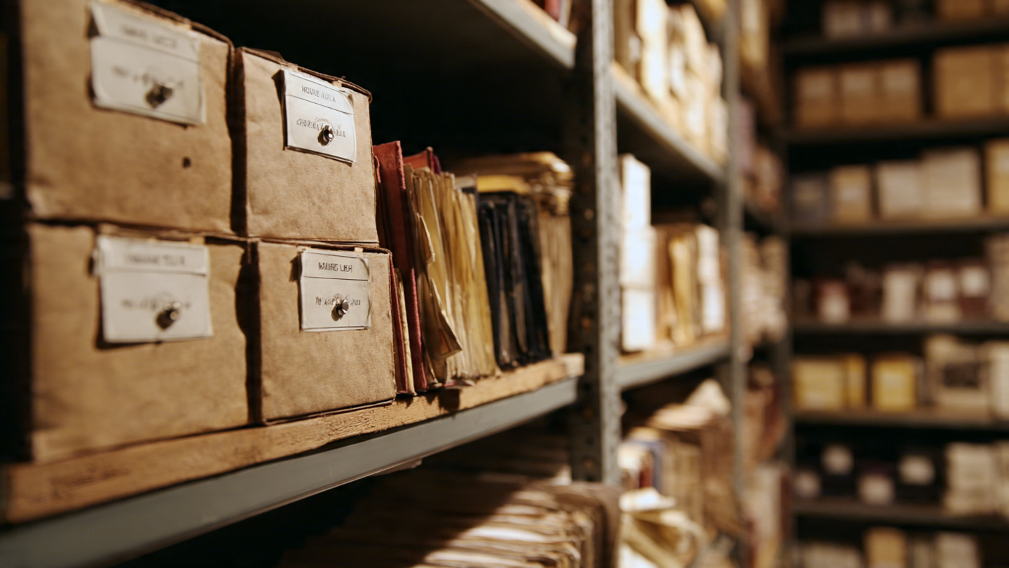 Archive storage shelves inside one of the hidden museums in London, filled with historic documents, labeled files, and preserved records, representing secret and lesser-known museums in London.
