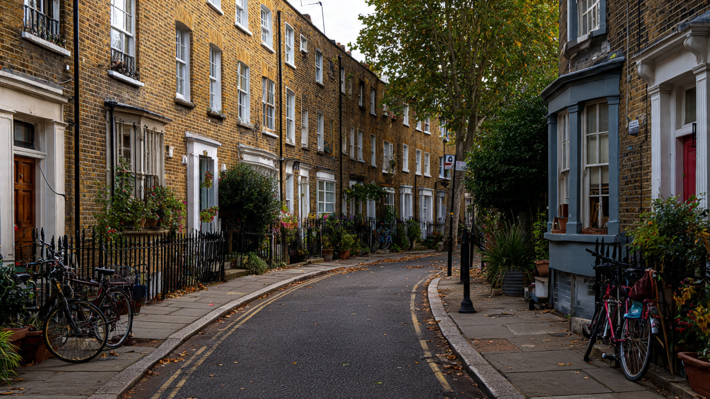 Quiet residential street with historic brick houses and bicycles, representing one of the authentic secret places in London where travelers experience hidden neighborhoods and peaceful local city life away from tourist crowds.