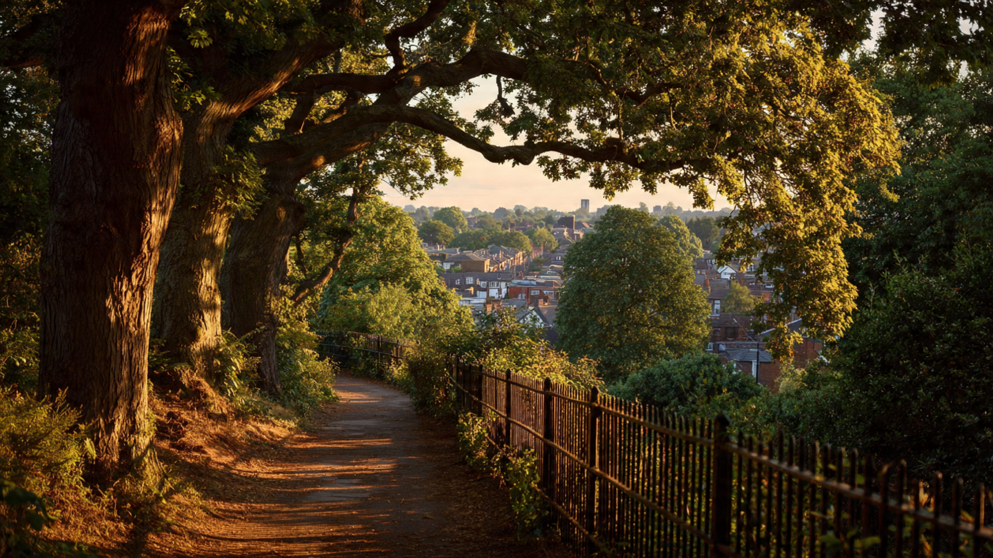 Hidden viewpoints in London along a peaceful tree-lined park pathway at golden hour, overlooking rooftops and greenery, capturing a scenic secret viewpoint and quiet elevated walking outlook in London.