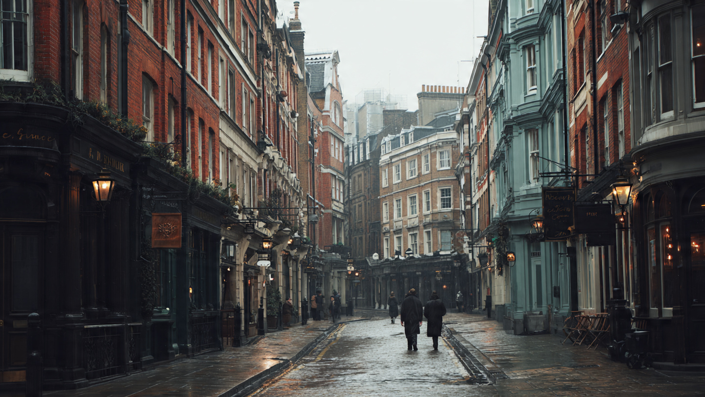 Things to do in London in winter as people walk along historic streets with wet pavements, moody skies, and a quiet seasonal atmosphere