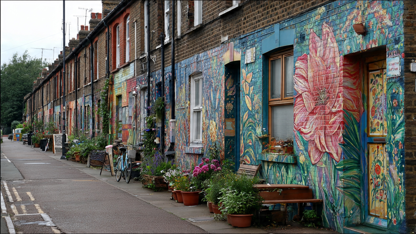 Colorful mural-covered residential street in one of the underrated neighborhoods in London, showcasing creative local culture and authentic, lesser-known London areas beyond the tourist trail