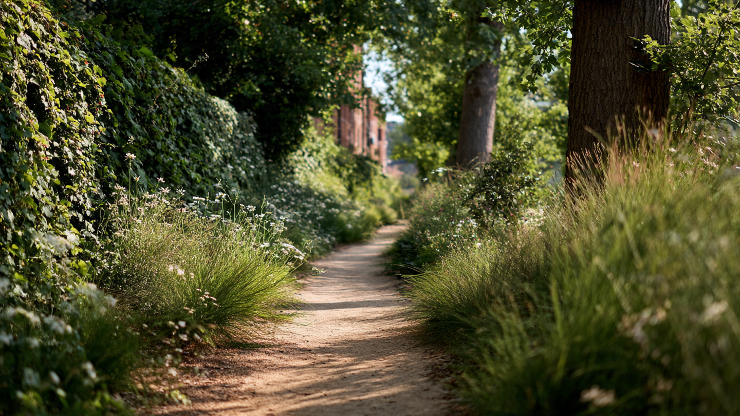 Quiet green walking path lined with tall grasses and trees, highlighting one of the most peaceful secret places in London where travelers discover hidden spots and calm urban nature away from crowds.