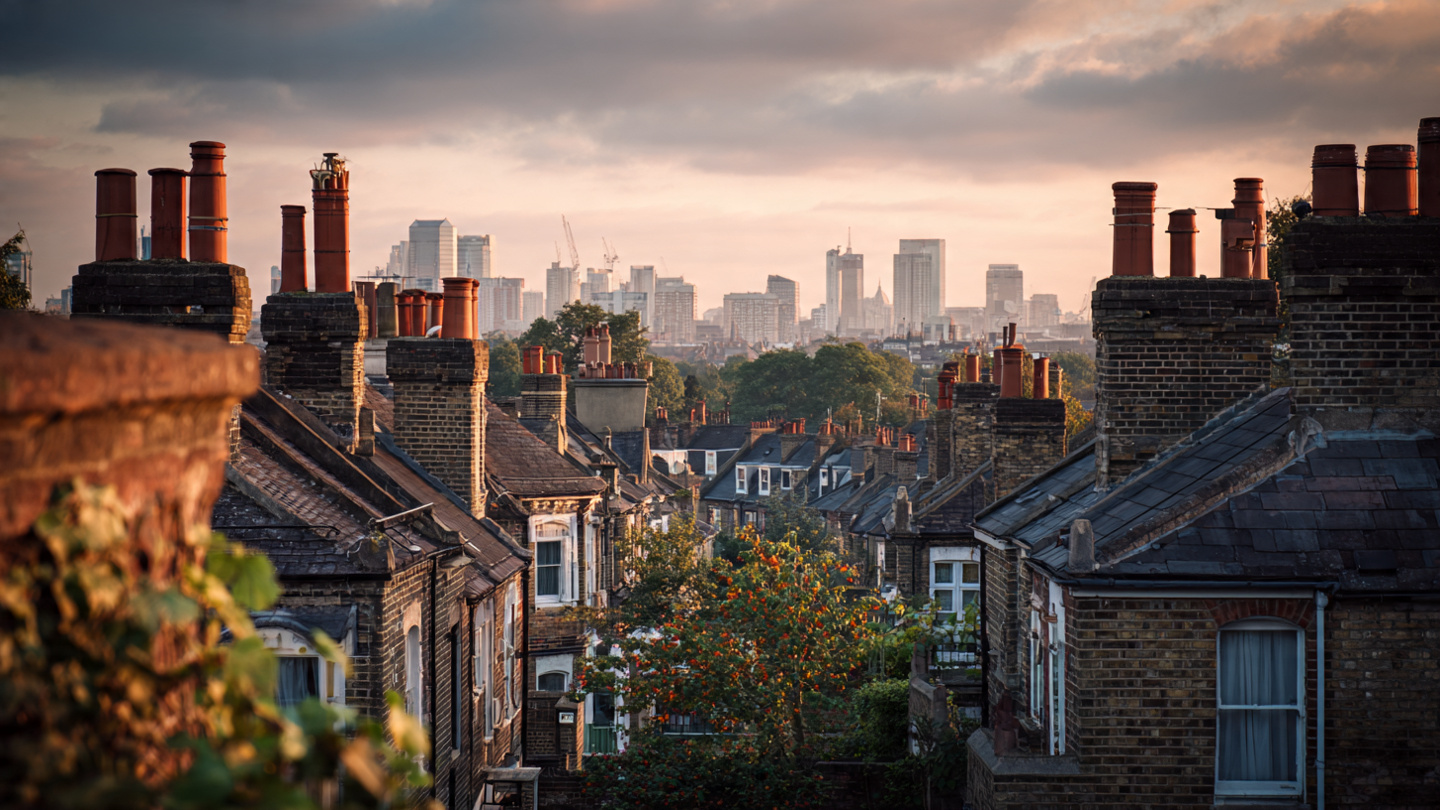 Hidden viewpoints in London from a quiet residential hillside with historic brick rooftops and chimney stacks in the foreground, overlooking the distant modern skyline at sunset, capturing a scenic secret viewpoint and hidden neighborhood skyline view in London.