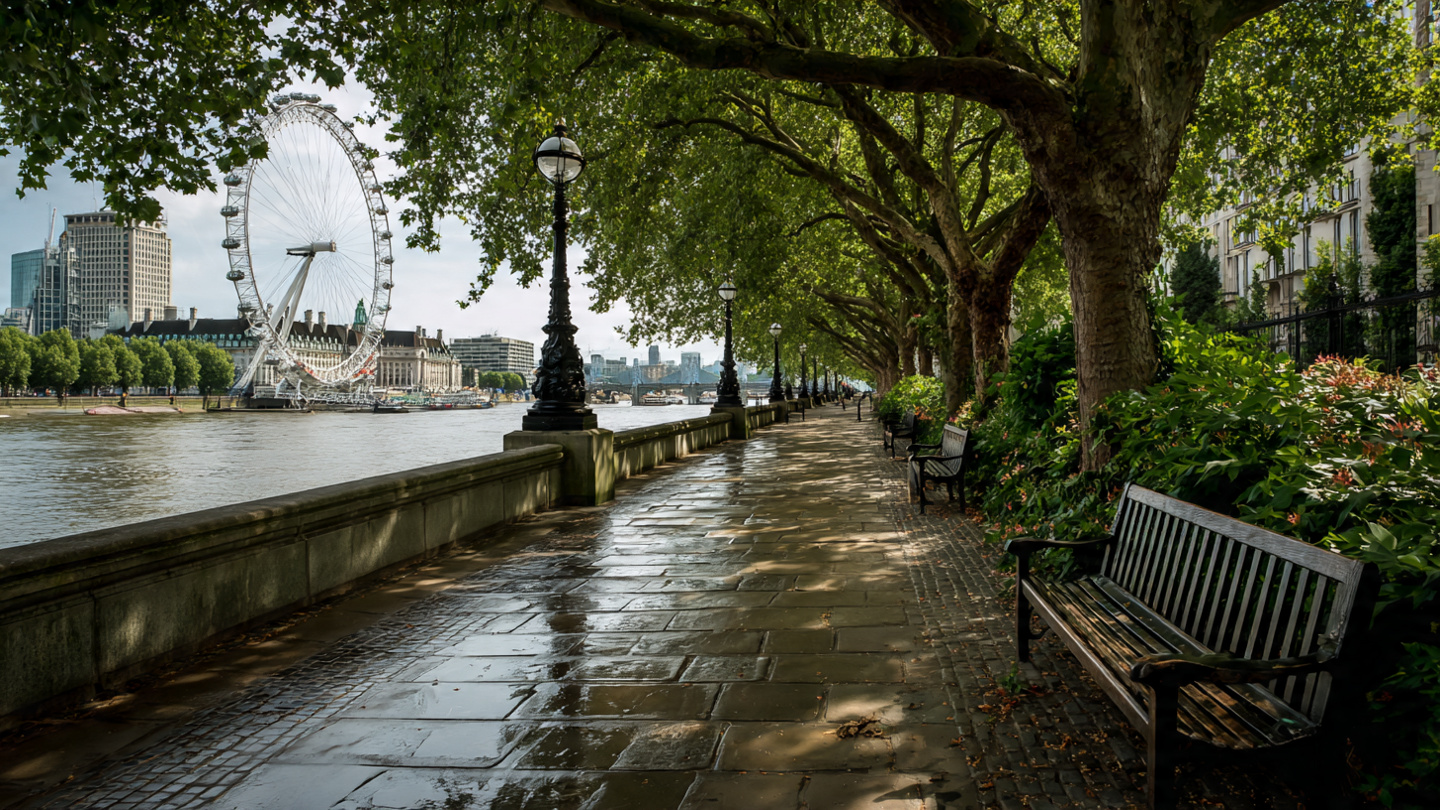 Shaded riverside walkway with benches and trees along the Thames overlooking the London Eye, highlighting peaceful walking paths and relaxing things to do near London Eye, including scenic viewpoints and quiet places to visit nearby.