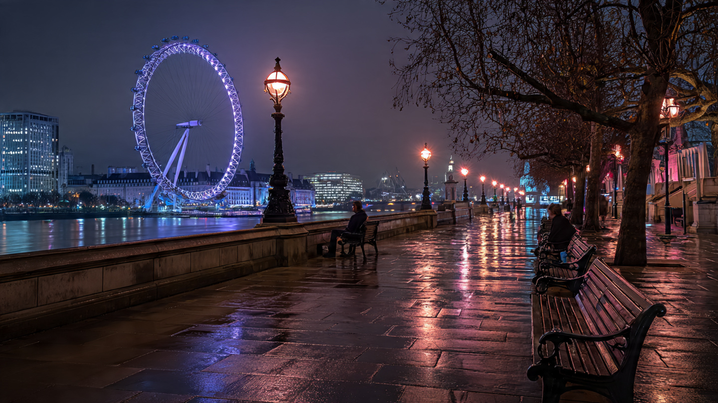 Nighttime riverside walkway with glowing streetlights and reflections on the Thames, overlooking the illuminated London Eye, showcasing peaceful evening things to do near London Eye, including scenic night walks, quiet viewpoints, and relaxing attractions around the South Bank.