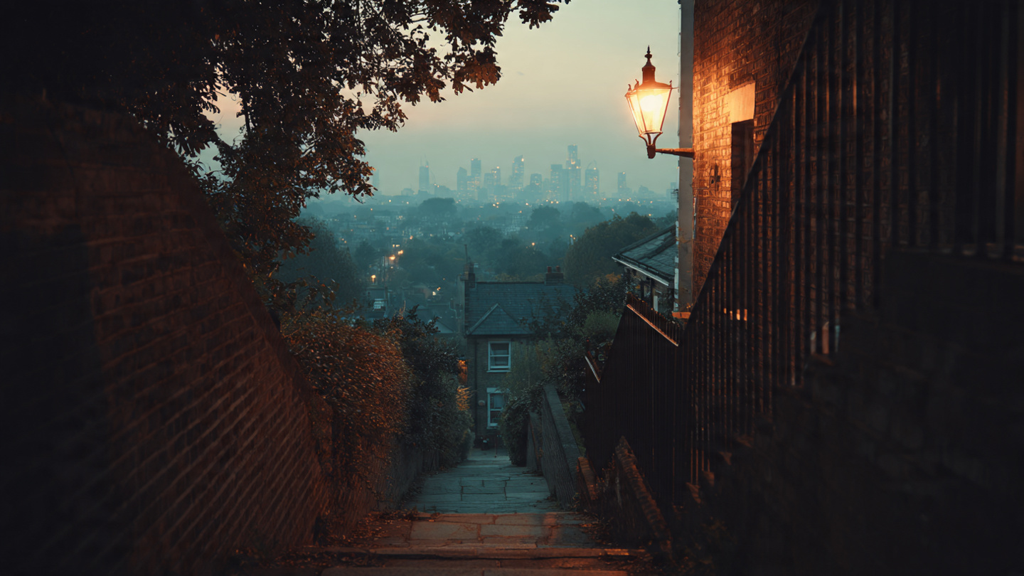 Hidden viewpoints in London at dusk, showing a quiet hillside pathway and warm lamplight leading toward a soft panoramic skyline, capturing a peaceful secret viewpoint and atmospheric hidden city view in London. If you upload more images, I’ll generate matching SEO alts for each one.