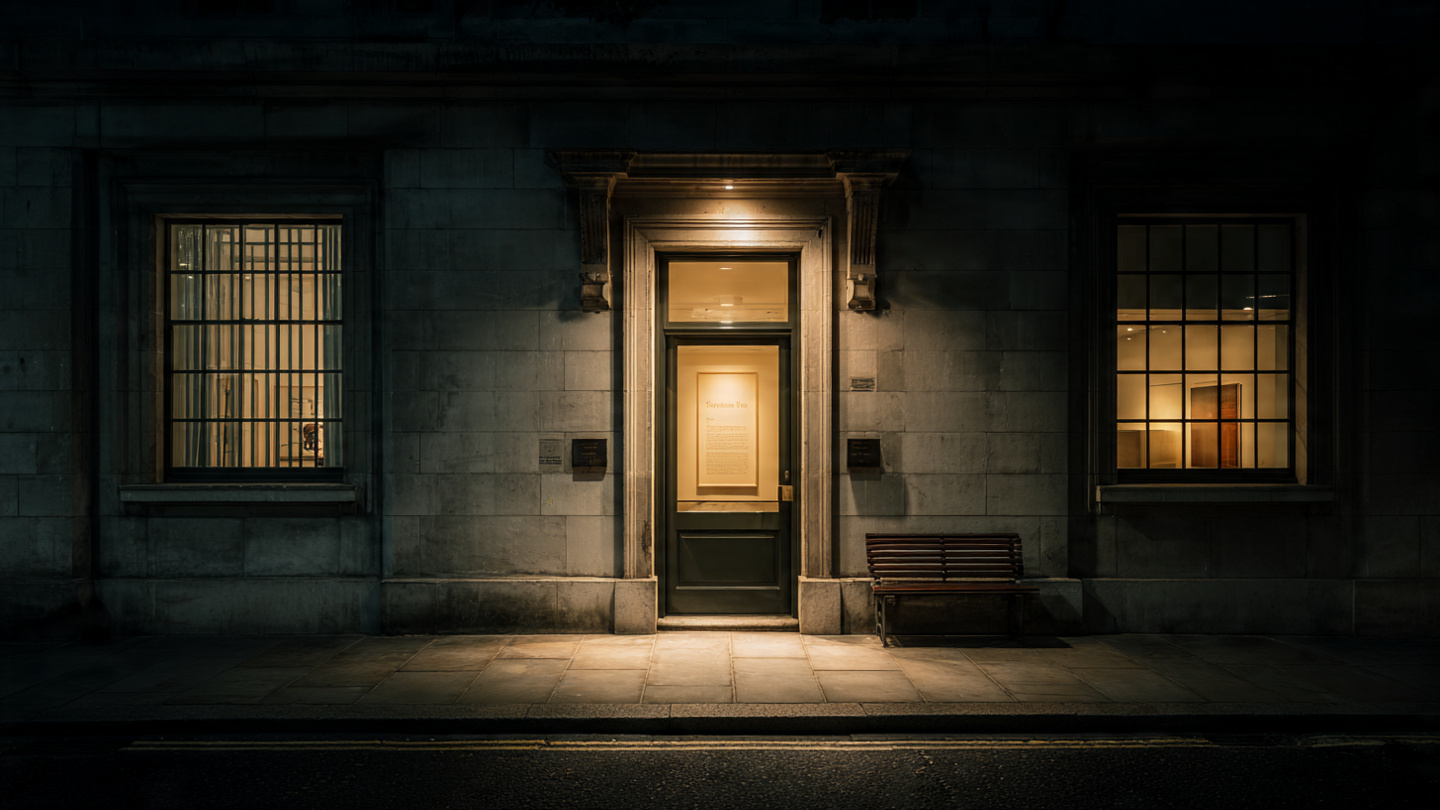 Quiet exterior entrance of one of the hidden museums in London at night, with warm light glowing from the doorway and windows, representing secret and lesser-known museums in London.