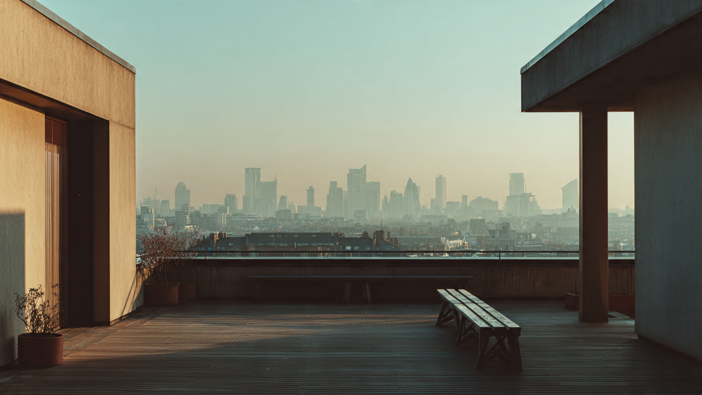 Hidden viewpoints in London from a quiet rooftop terrace overlooking the city skyline at sunrise, with benches and soft golden light, capturing a peaceful secret viewpoint and hidden rooftop skyline view in London.
