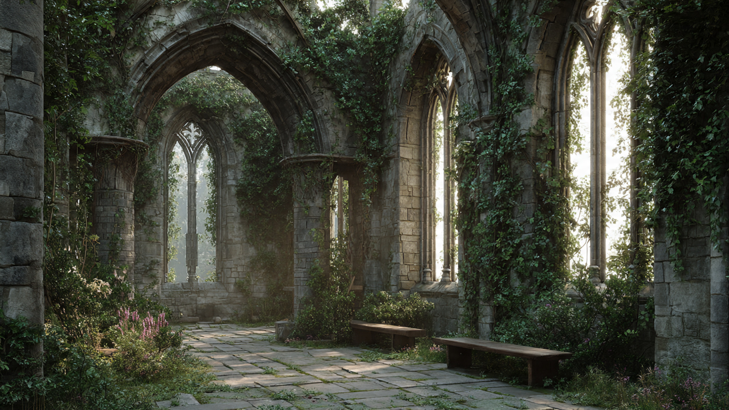 Hidden parks in London featuring ivy covered church ruins with stone arches and benches, highlighting a lesser known green space in London that offers calm and reflection