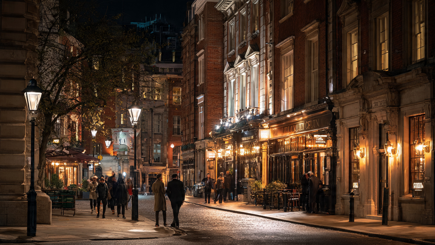 Evening street scene in central London with historic pubs and warm lighting, highlighting things to do near London city center and nearby nightlife experiences on foot.