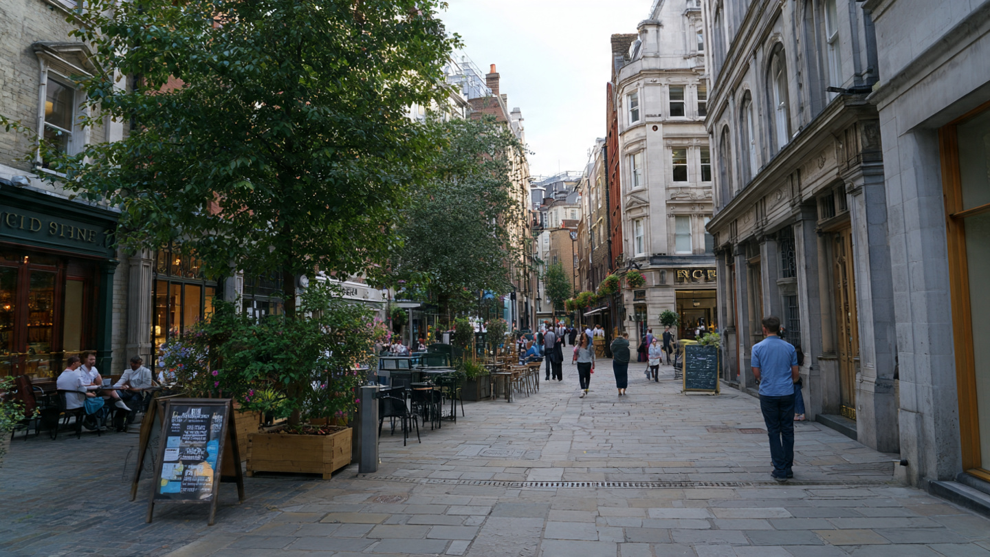 Pedestrian street in central London with cafés, historic buildings, and people walking, showcasing things to do near London city center and walkable attractions nearby.