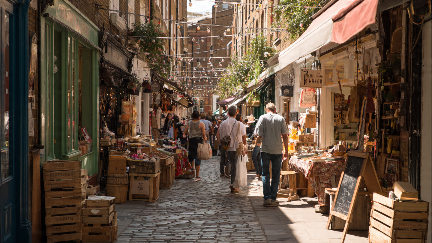 Lively market street in central London with independent shops and pedestrians, highlighting things to do near London city center and nearby walkable shopping experiences.