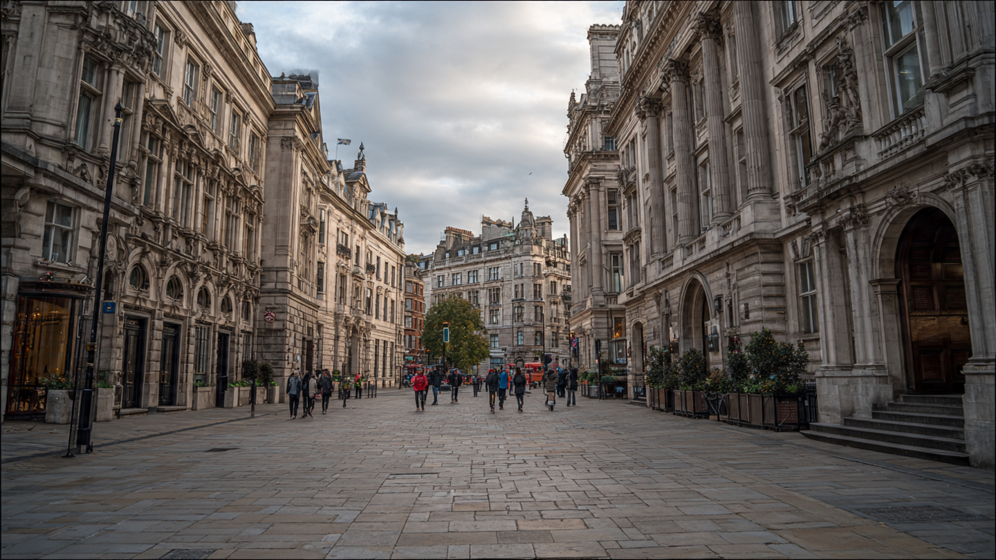 Walkable historic street in central London with classic architecture and pedestrians, showcasing things to do near London city center and nearby sightseeing attractions on foot.