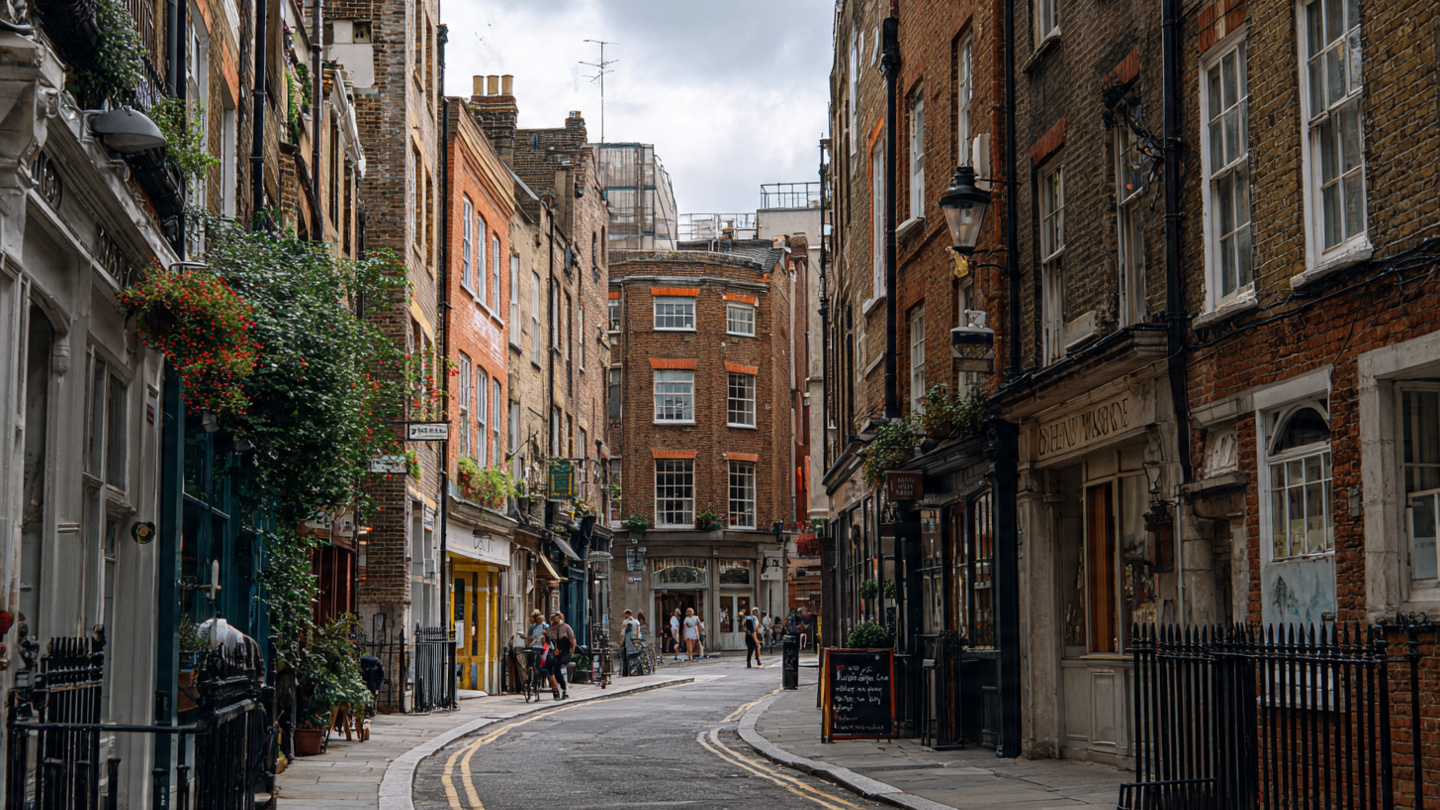 Charming narrow street in central London with historic brick buildings and local shops, illustrating things to do near London city center and nearby walkable neighborhoods.