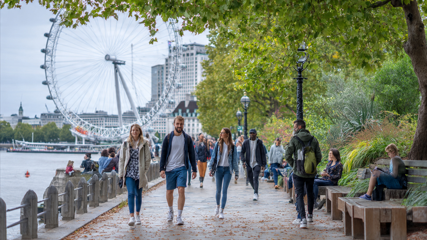 People walking and relaxing along the South Bank riverside path with trees, benches, and views of the London Eye, highlighting outdoor activities and scenic things to do near London Eye, including walking routes, casual sightseeing spots, and peaceful places to visit nearby.