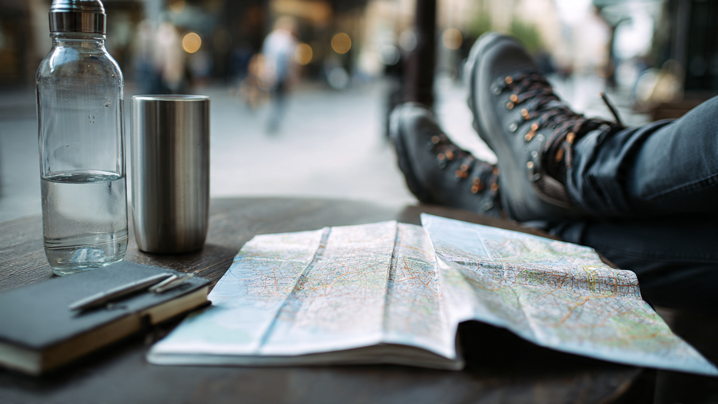Travel map, notebook, water bottle, and walking shoes on a café table in London, representing one of the best experiences in London through relaxed travel planning, thoughtful exploration, and comfortable city sightseeing moments