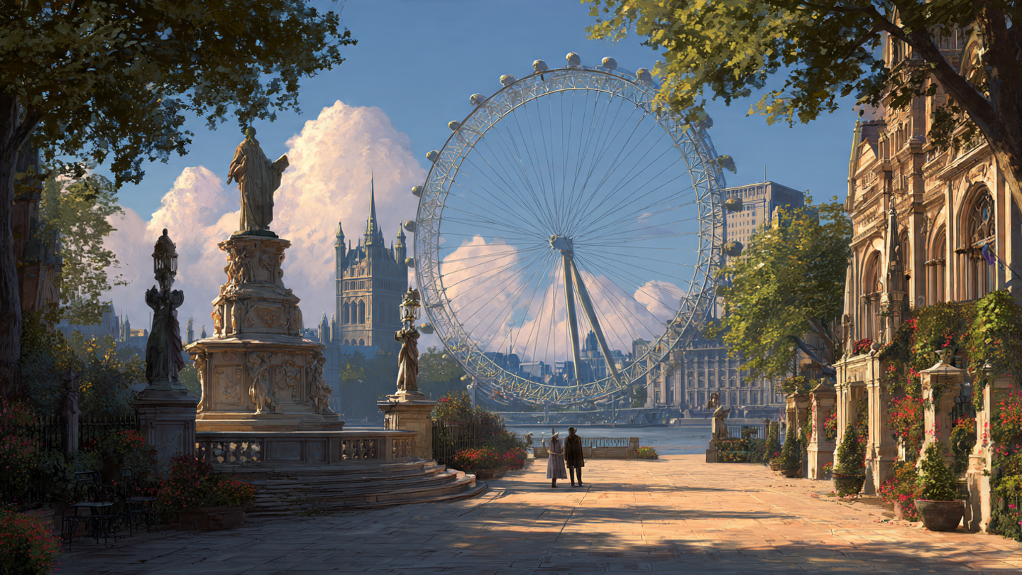 Historic square with statues and garden pathways overlooking the London Eye and Westminster, illustrating cultural sightseeing and scenic things to do near London Eye, including nearby landmarks and beautiful places to visit around the South Bank area.