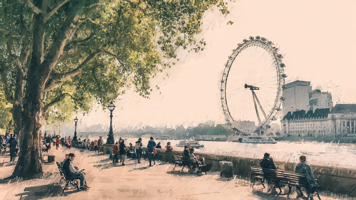Art-style riverside scene on the South Bank with people relaxing on benches and walking beside the Thames, featuring panoramic views of the London Eye and showcasing relaxing things to do near London Eye, including scenic walks and outdoor viewpoints around the riverside.