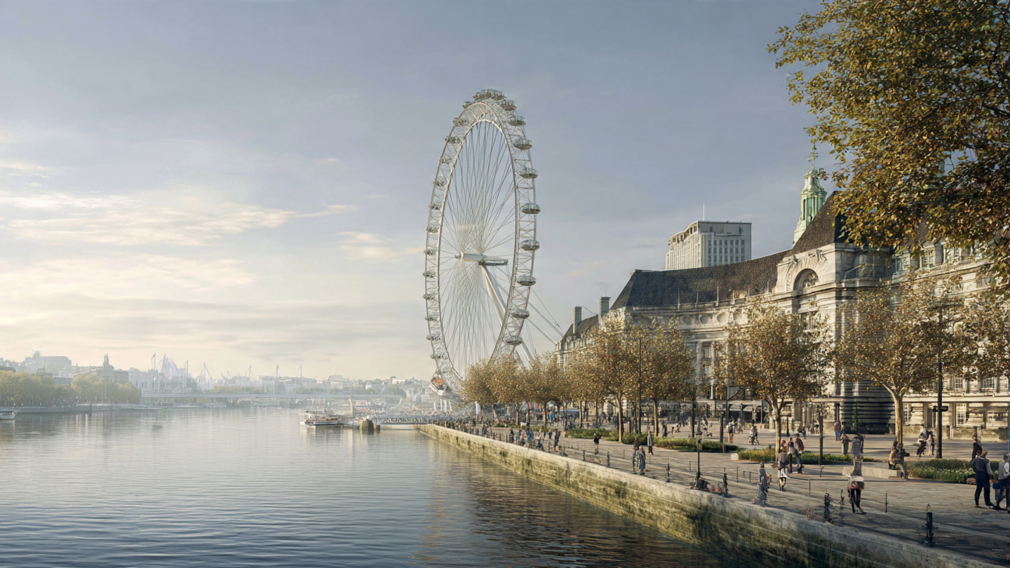 Riverside view of the Thames and the London Eye with people walking along the South Bank, showcasing things to do near London Eye, attractions around the London Eye, and nearby places to visit in central London.