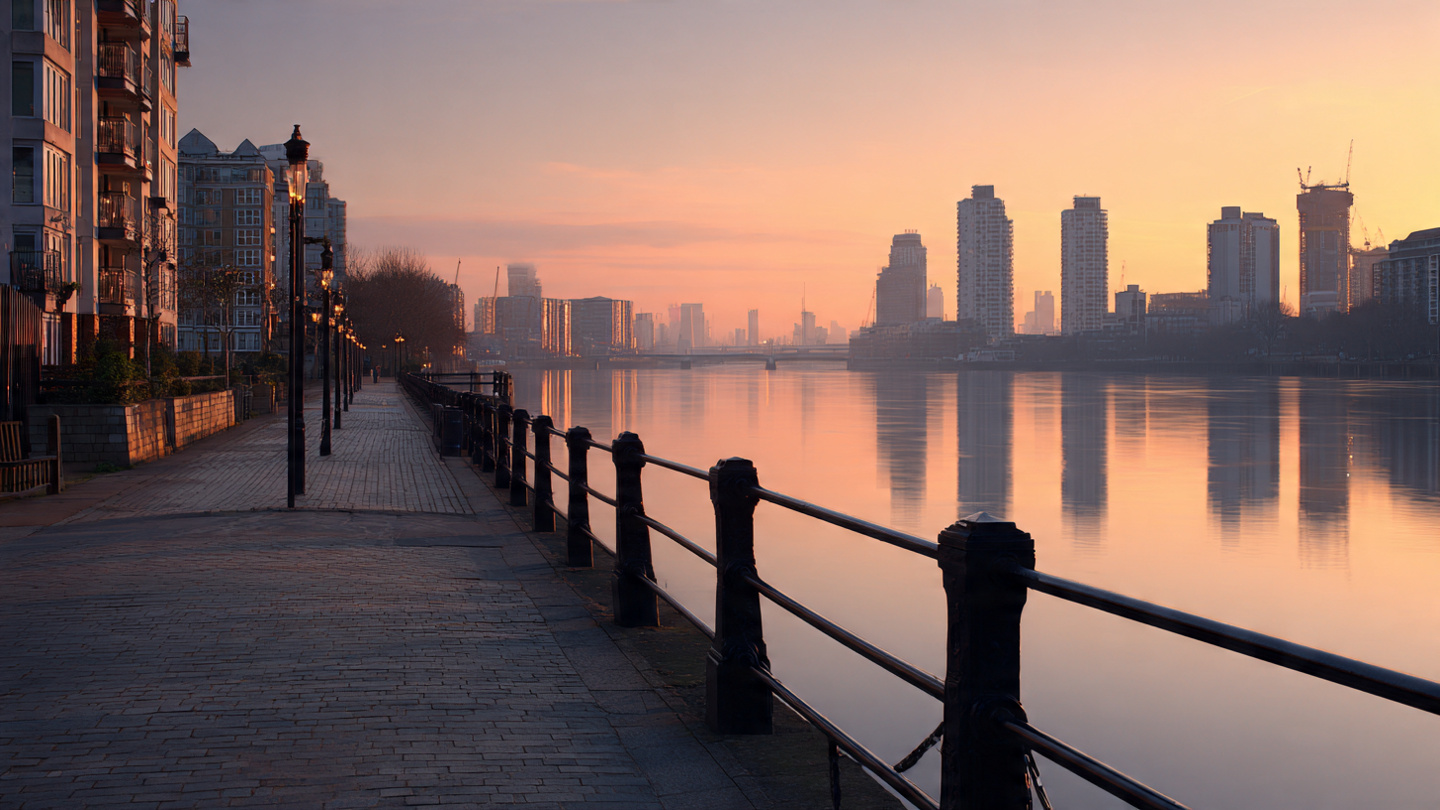 Hidden viewpoints in London along a quiet riverside walkway at sunrise, overlooking calm water and modern skyline buildings, showcasing a peaceful secret viewpoint and scenic riverside outlook in London.