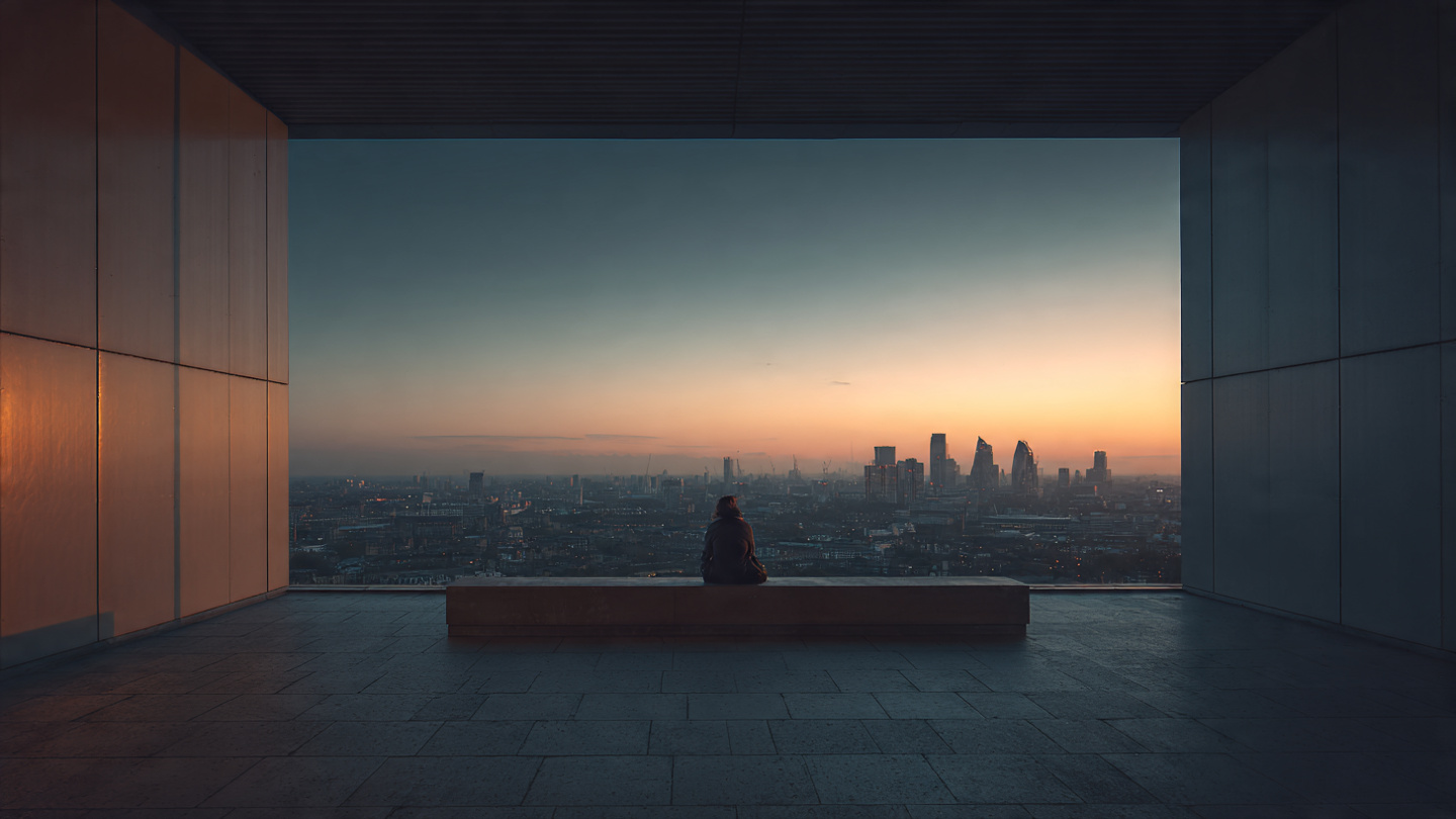 Hidden viewpoints in London at sunset, with a person sitting quietly on a bench inside a modern viewing space, overlooking the distant city skyline, capturing a peaceful secret viewpoint and hidden elevated skyline outlook in London.