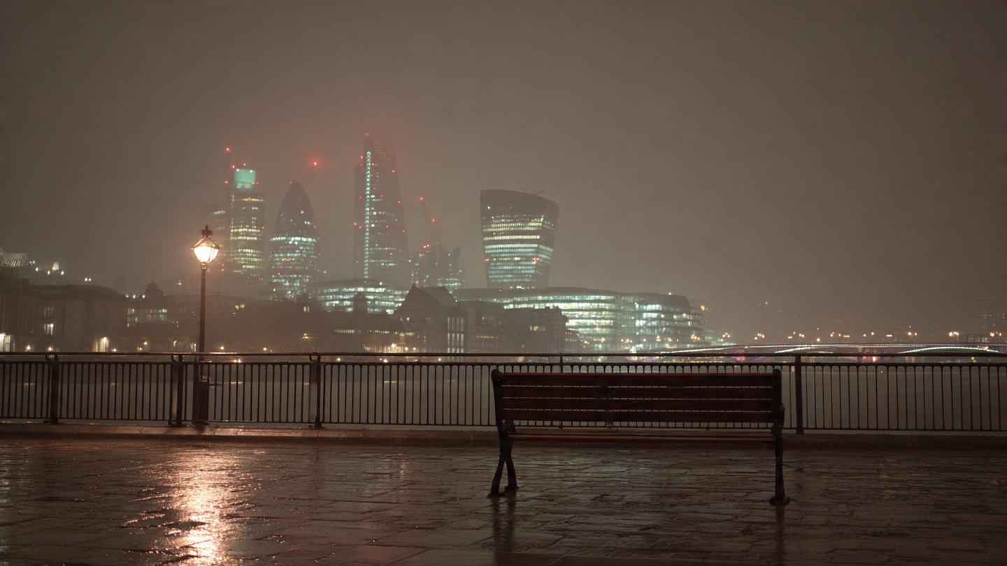 Hidden viewpoints in London on a misty night, with an empty riverside bench overlooking illuminated modern skyscrapers across the water, capturing a peaceful secret viewpoint and quiet riverside skyline view in London after dark.
