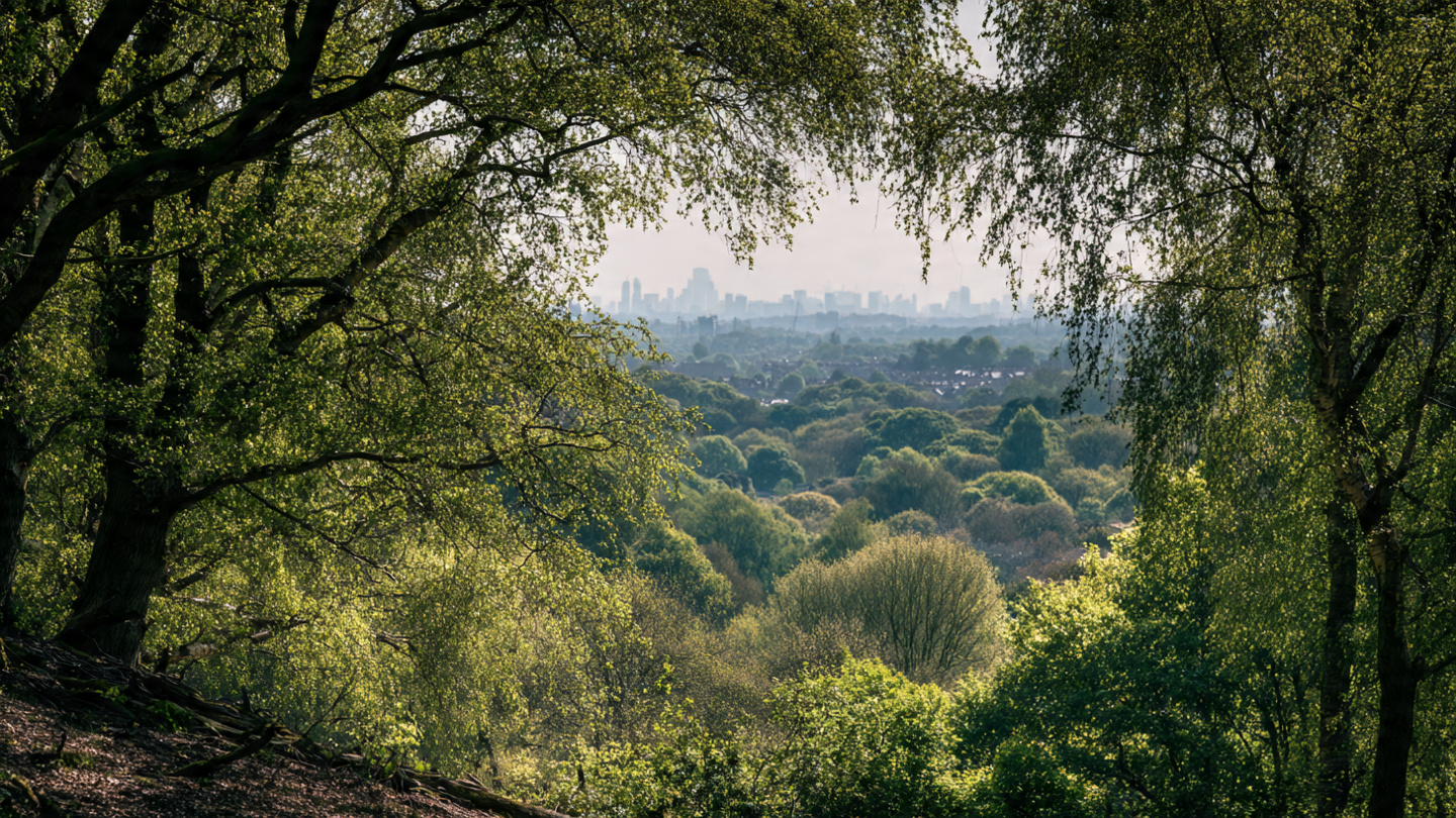 Hidden viewpoints in London from a serene woodland hillside overlooking tree-covered landscapes and a distant city skyline, capturing a peaceful secret viewpoint and hidden woodland outlook with elevated skyline views in London.