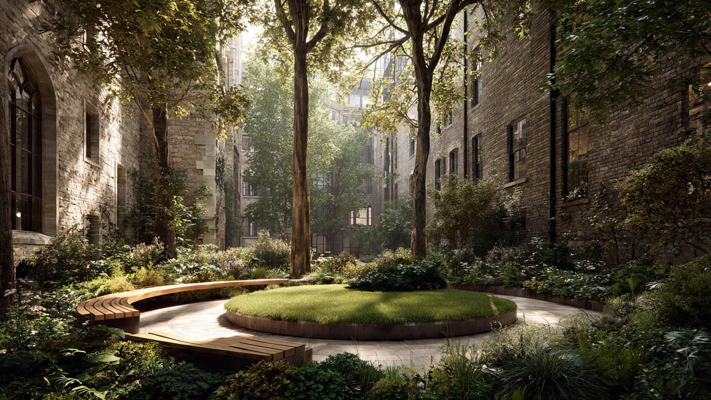 Peaceful hidden garden courtyard surrounded by historic buildings, showcasing one of the most tranquil secret places in London where travelers can enjoy quiet city retreats and lesser-known urban green spaces.