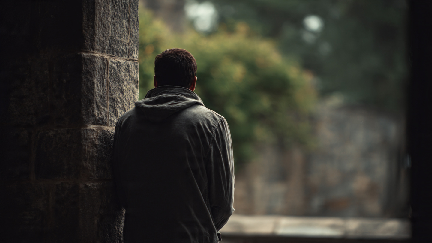 Solo traveler standing quietly near a historic stone wall, reflecting in one of the more atmospheric secret places in London where hidden corners and calm heritage spaces encourage slow and mindful exploration.