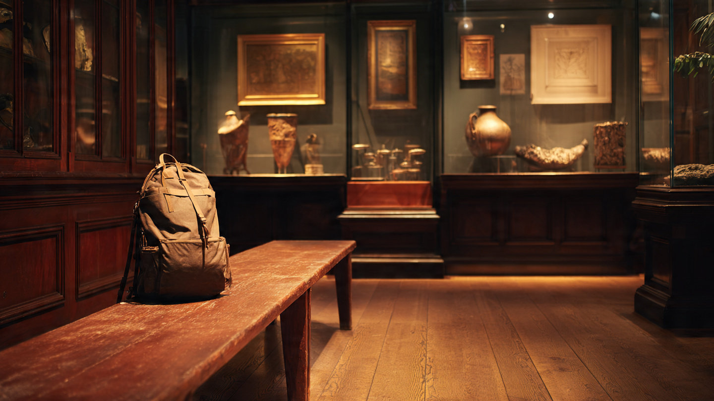 A quiet gallery room inside one of the hidden museums in London, featuring historic artifacts, vintage displays, and a traveler’s backpack on a wooden bench, representing secret and lesser-known museums in London.