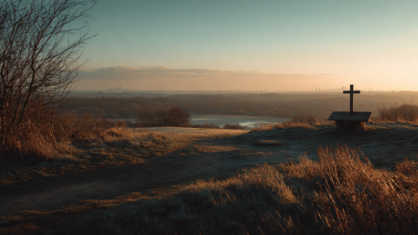 Hidden viewpoints in London from a peaceful hilltop at sunrise, with a wooden bench and cross overlooking wide open countryside and a distant skyline, capturing a serene secret viewpoint and quiet scenic hilltop outlook in London.