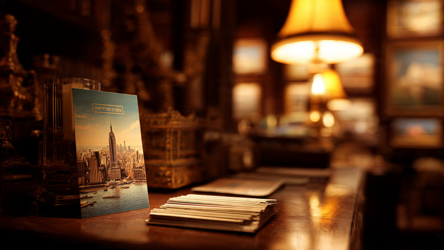 Postcards and brochures displayed on a wooden desk inside one of the hidden museums in London, with warm ambient lighting and vintage decor, representing secret and lesser-known museums in London.