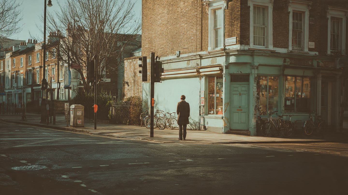 Quiet street corner in one of the underrated neighborhoods in London, showing everyday life near a local shop, reflecting authentic London districts and lesser-known residential areas beyond tourist zones