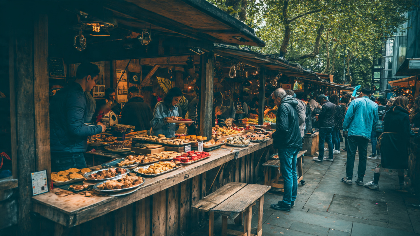 Crowded London street food market with wooden stalls and local vendors serving fresh food, showcasing one of the best experiences in London through authentic food culture, local markets, and memorable city travel moments