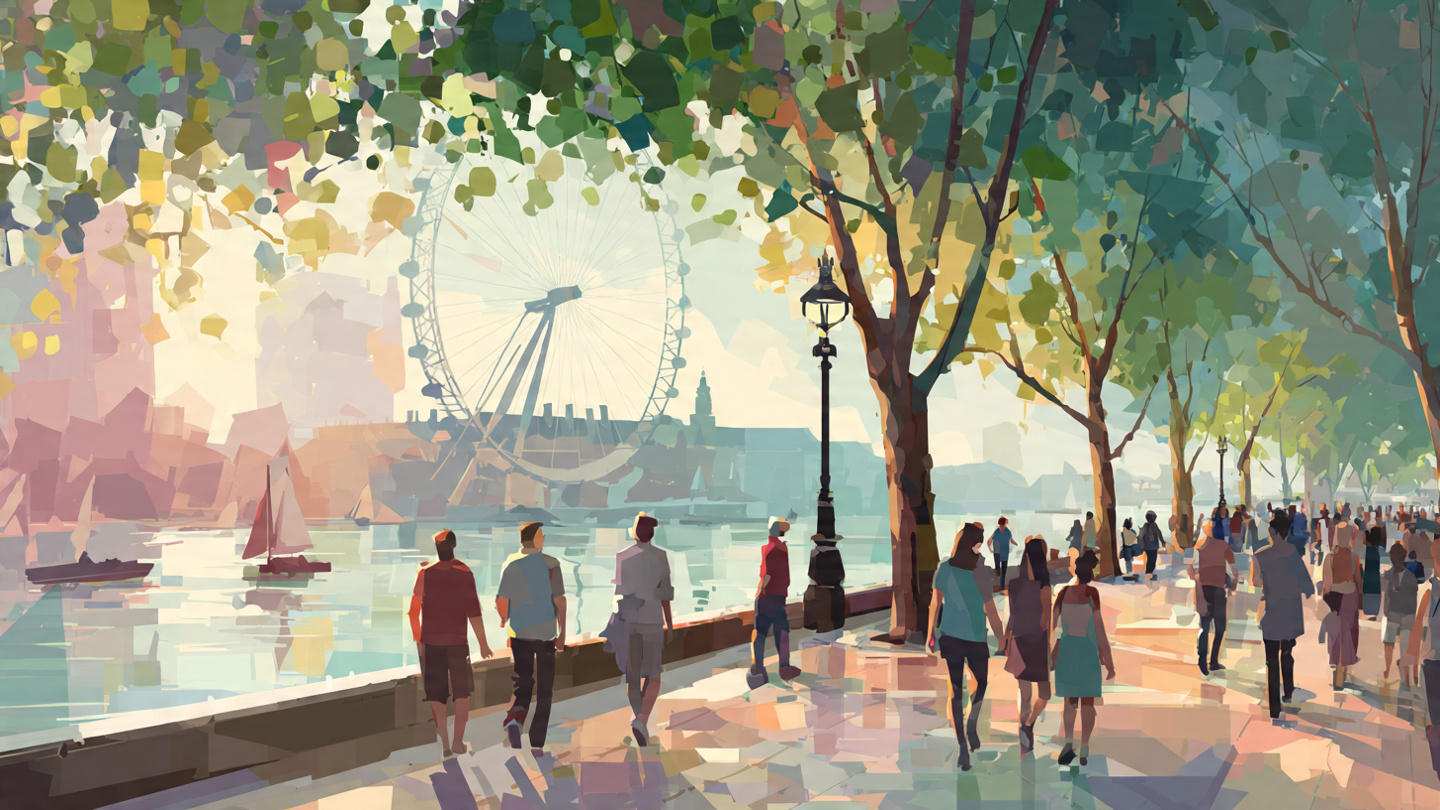 Colorful artistic illustration of people walking along the Thames with trees, benches, and views of the London Eye, representing relaxing outdoor activities and scenic things to do near London Eye, including riverside strolls, sightseeing spots, and open public spaces to explore nearby.