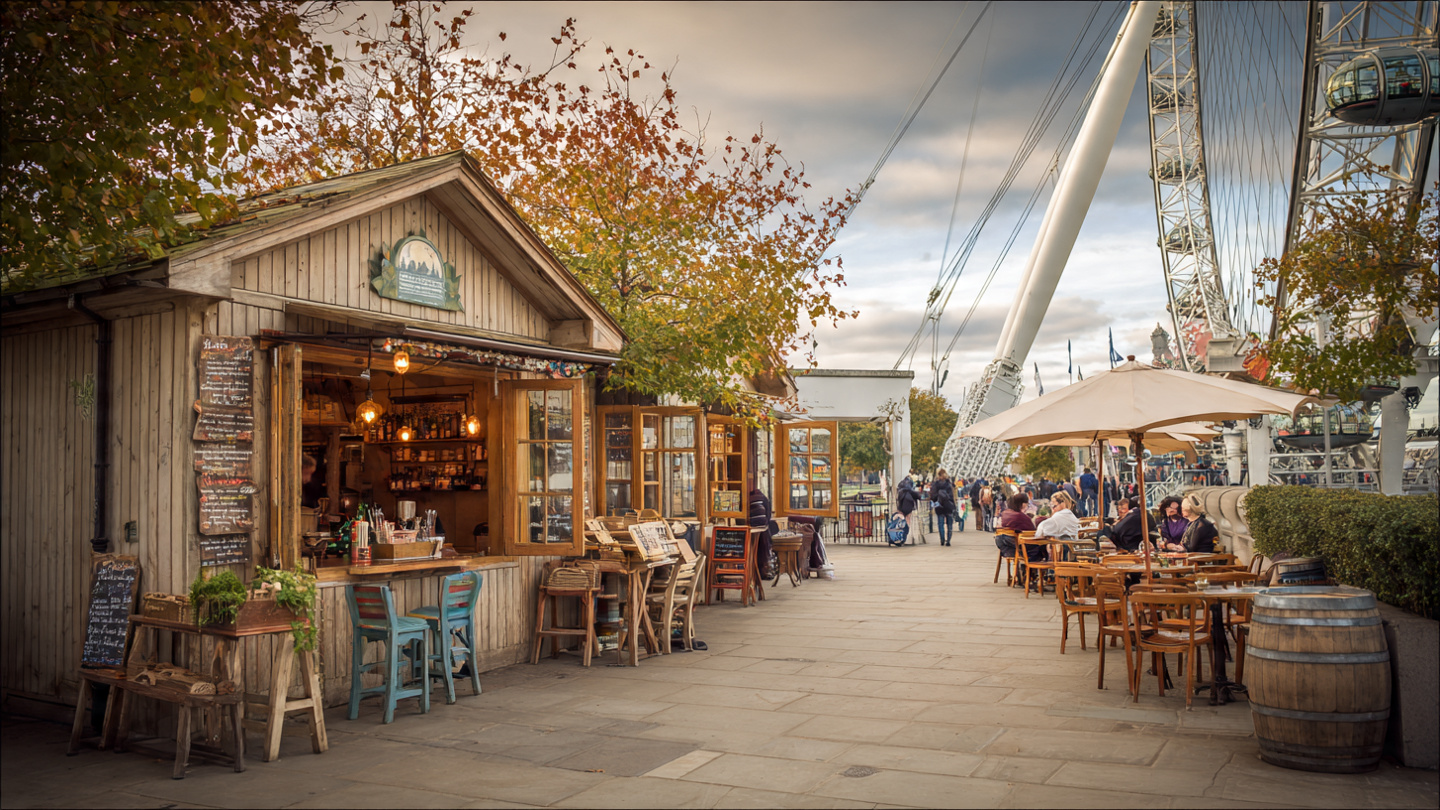 Riverside cafe huts and outdoor tables with people dining near the London Eye on the South Bank, highlighting foodie attractions and enjoyable things to do near London Eye, such as casual eateries, coffee stops, and scenic places to relax by the river.