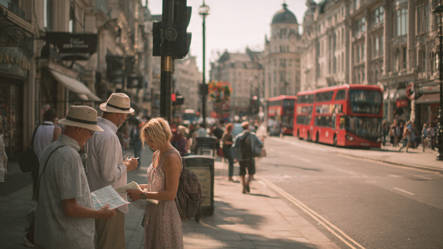 Tourists using a city map on a busy London street with red double decker buses passing by, capturing one of the best experiences in London through authentic sightseeing, everyday city life, and memorable travel moments in the historic city center