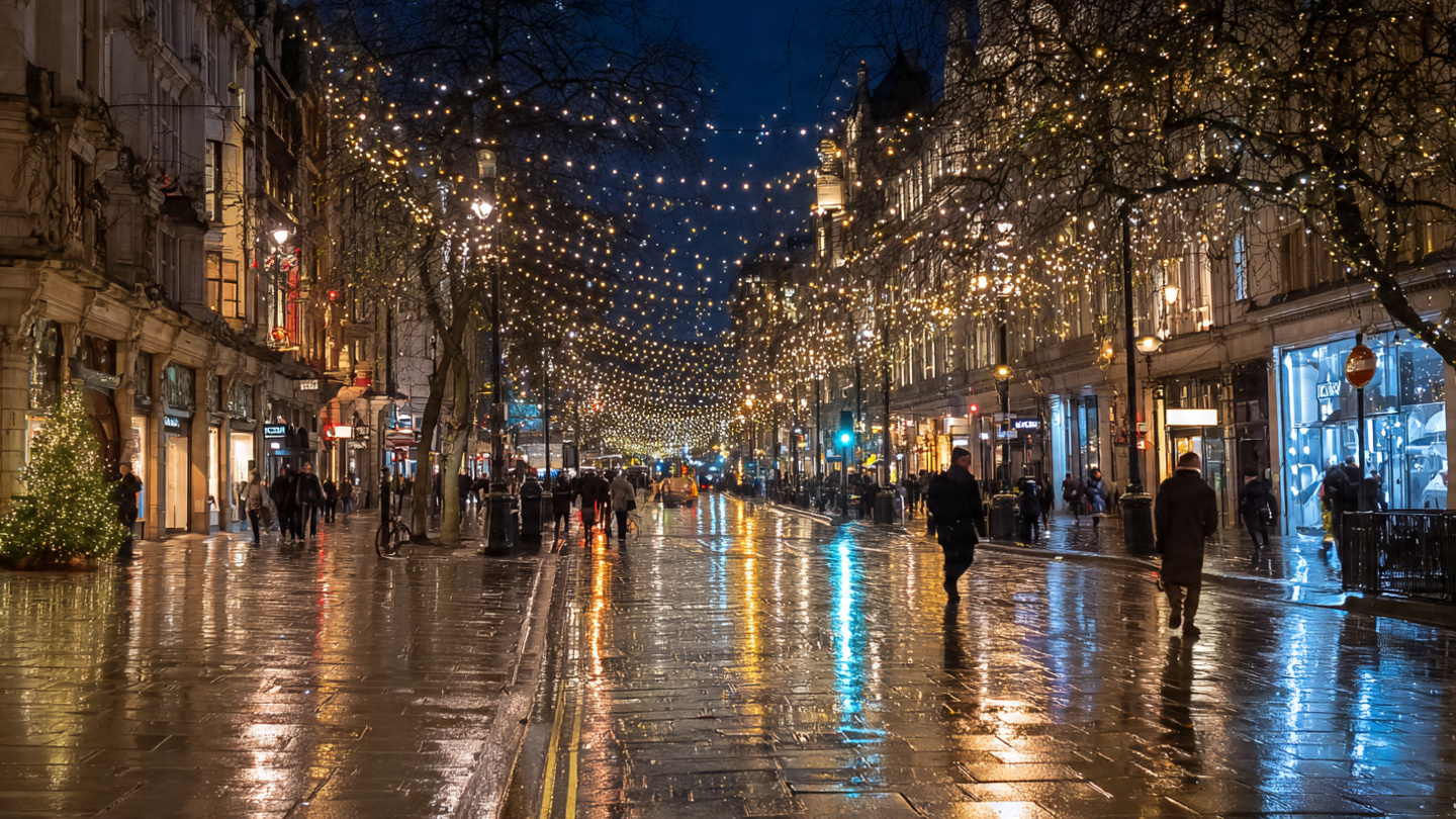 Things to do in London in winter with festive street lights, wet pavements, and evening walks through illuminated city streets