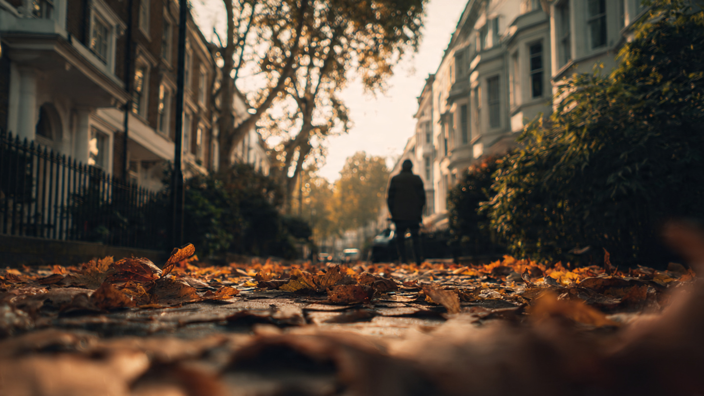 Things to do in London in autumn, quiet residential street covered with fallen leaves and a lone walker in the distance, capturing peaceful fall walks and seasonal city experiences in London