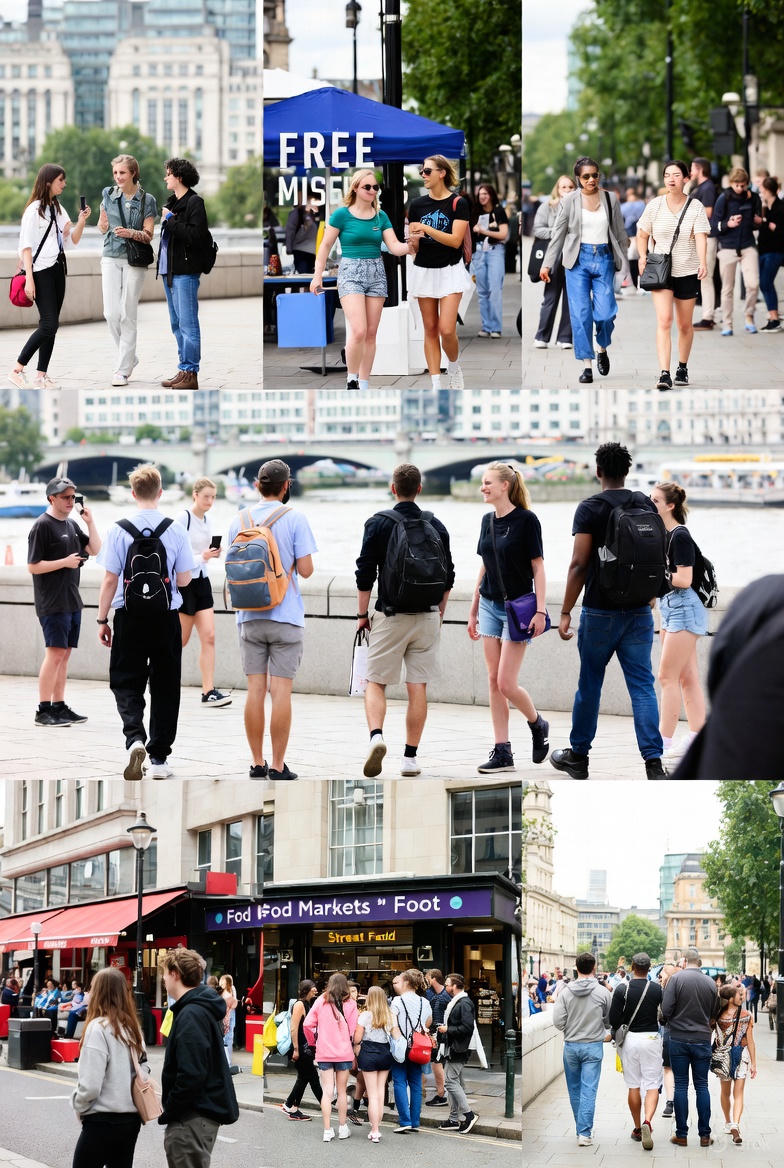 Young adults walking, socializing, and exploring London streets, riversides, and food markets, showing fun things to do in London on a budget through free attractions, affordable food, and social city spaces.