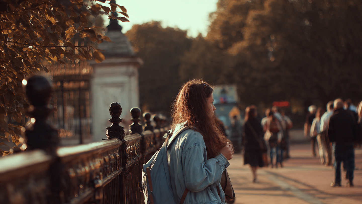 Traveler walking near the railings outside Buckingham Palace, observing the surroundings along a scenic pathway with other visitors, highlighting relaxed exploration and engaging things to do near Buckingham Palace in London.