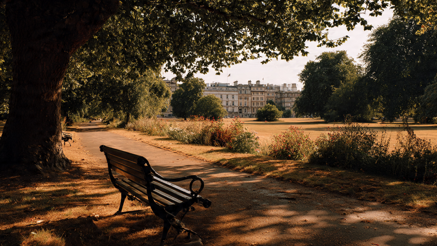Shaded park bench overlooking open green space near Buckingham Palace, offering peaceful relaxation and scenic walking views as part of the best things to do near Buckingham Palace and nearby London attractions.