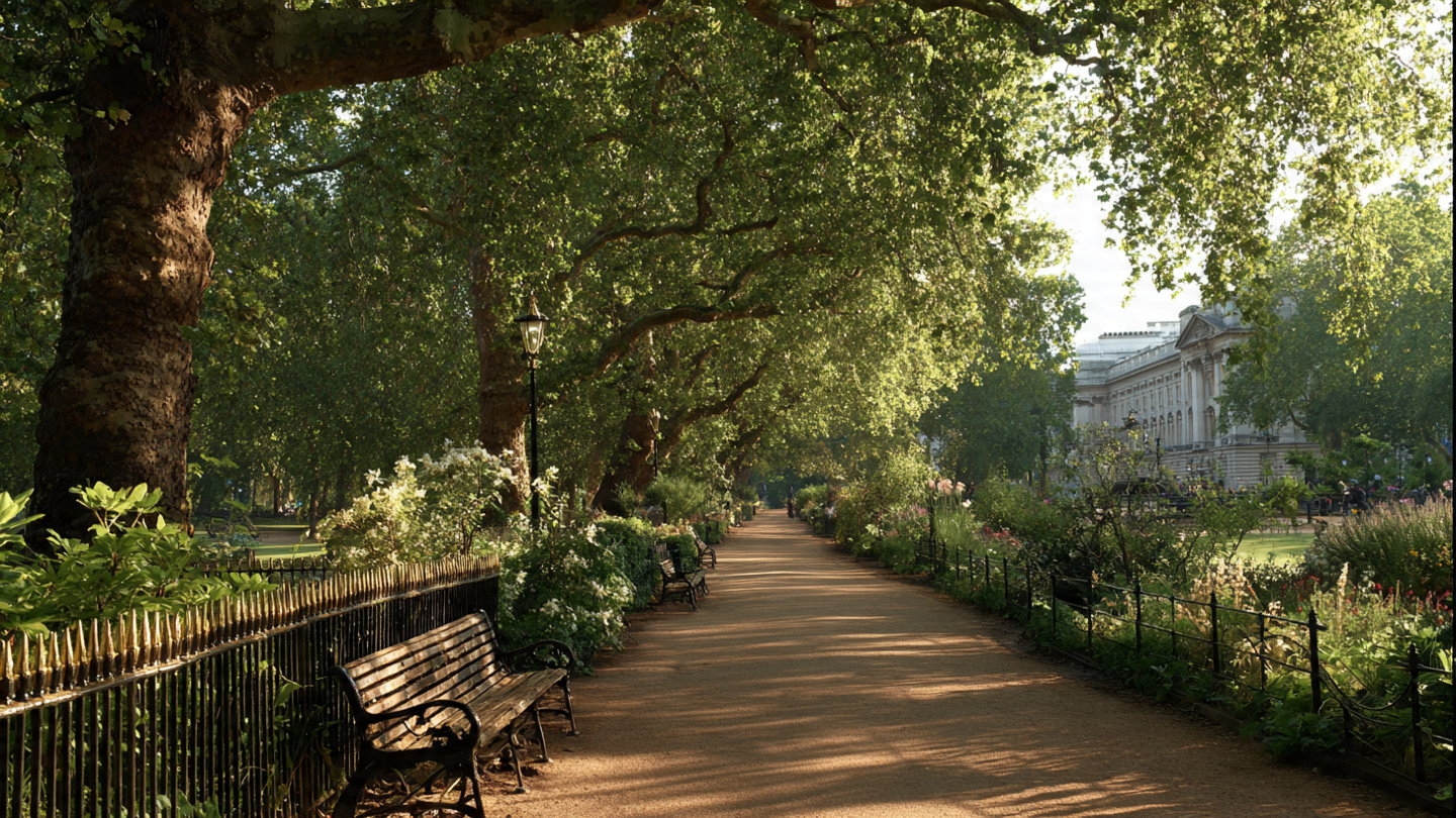 A peaceful garden walkway with benches and greenery near Buckingham Palace, highlighting relaxing park views and scenic walking paths as part of the best things to do near Buckingham Palace and nearby London attractions.